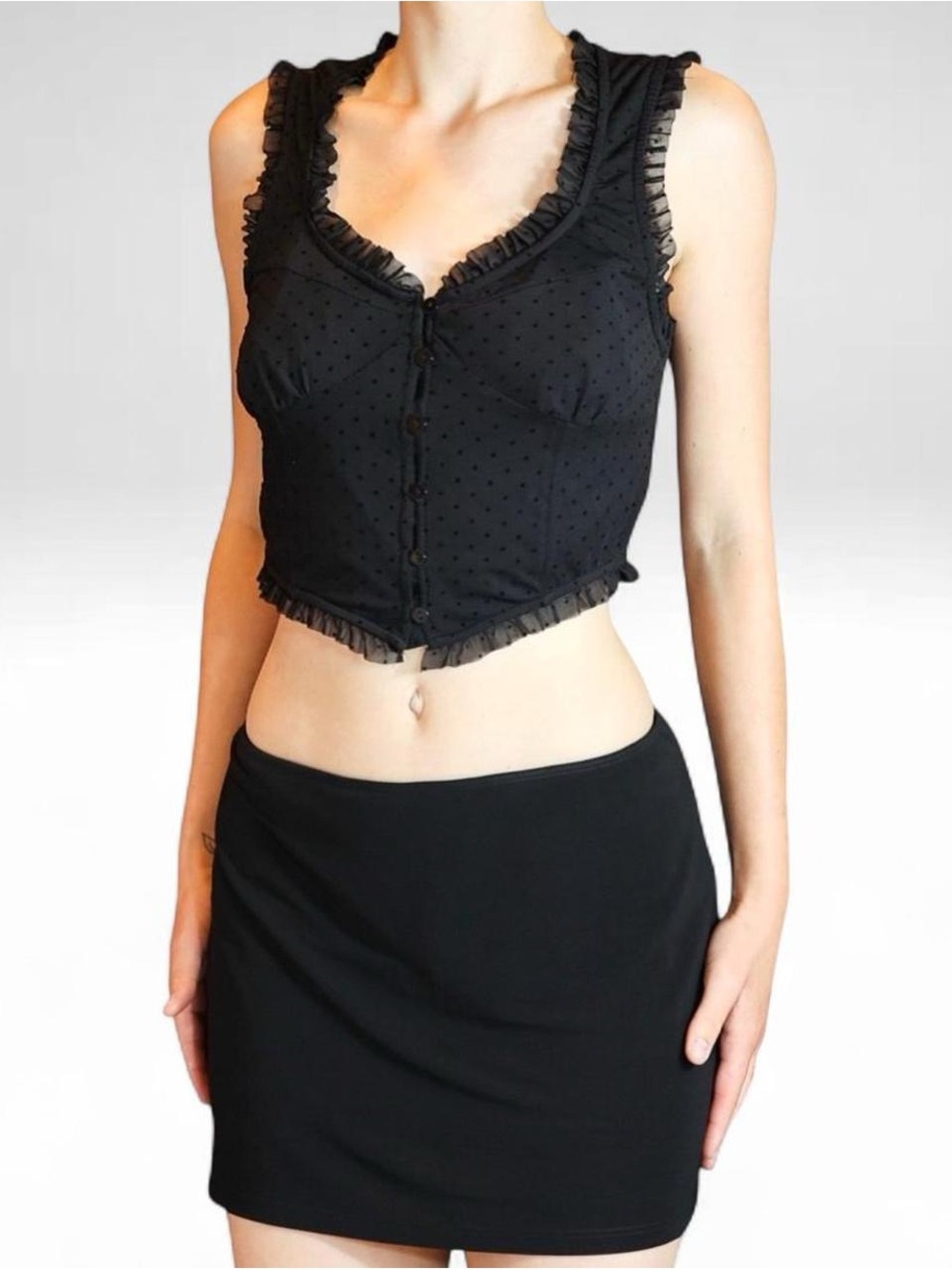 Lulus Black Mesh Bustier Top Ruffle Swiss Dot Corset Tank L